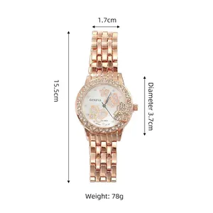 Rose gold rhinestone watch with butterfly dial detail showing dimensions and weight