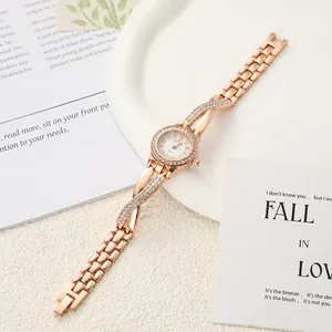 Elegant rose gold women's quartz watch featuring crystal-encrusted cross band design