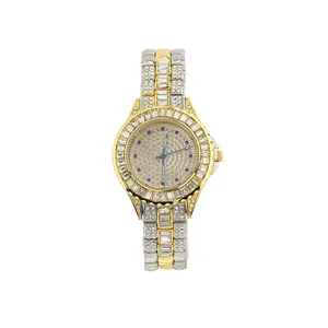 Luxury iced-out ladies' quartz watch with bicolor gold-silver rhinestone steel band