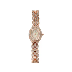 Elegant rose gold women's quartz watch with full rhinestone oval dial