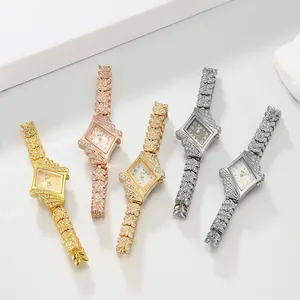 Detailed view of elegant women's quartz bracelet watches with rhinestone accents.
