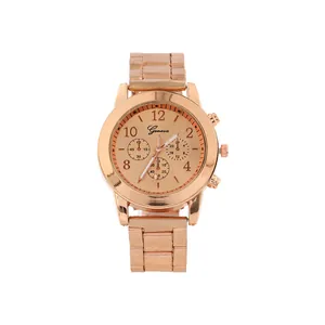 Detailed front view of a stylish rose gold women's quartz watch by Geneva brand