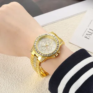Luxurious gold-tone women's watch featuring a shimmering rhinestone dial and steel strap