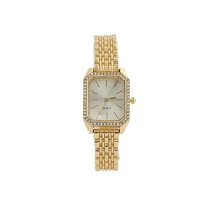 Elegant gold square quartz watch for women with rhinestone bezel and link strap