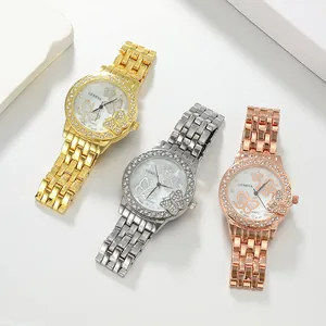 Elegant butterfly-themed ladies watches in gold silver and rose gold with rhinestones.
