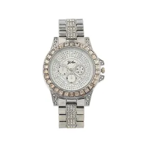 Detailed view of silver-toned women's fashion watch with sparkling rhinestone accents