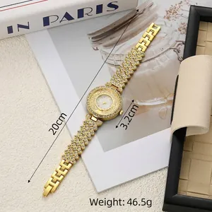 Detailed view of gold rhinestone quartz watch with 20cm band length and 46.5g weight