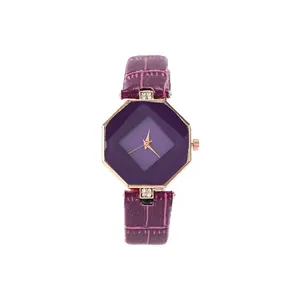 Elegante violette Quarzuhr mit achteckigem Gehäuse und Krokodillederarmband für Damen