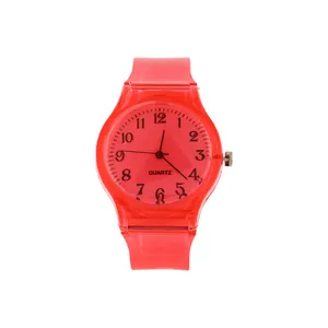 Reloj de cuarzo rojo color caramelo con correa de gelatina transparente para niños