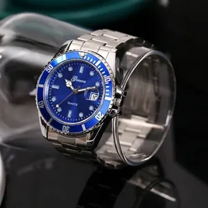 Men's Fashion Stainless Steel Alloy Quartz Watch Luminous Calendar Business Diver Style Wristwatch Glass Mirror