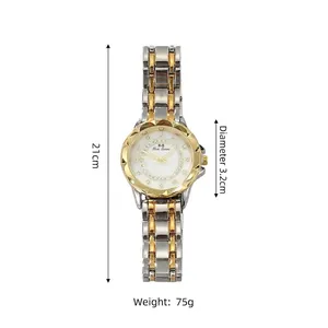 Detailed view of a lady's two-tone quartz watch with crystal accents and dimensions.