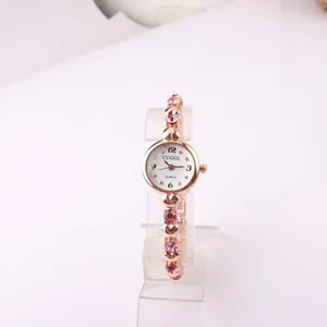 Elegant rose gold women's quartz watch with pink crystal bracelet and small dial