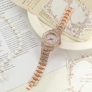 Elegant full rhinestone iced out rose gold women's quartz watch detail view