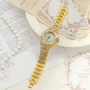 Elegant gold-tone iced-out women's quartz watch with full rhinestone dial and metal link bracelet.