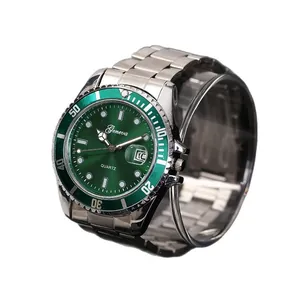 Classic men's stainless steel quartz watch with a green dial and date window display