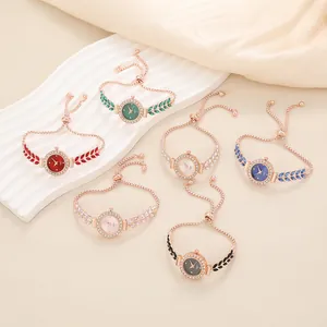 Elegant Women's Quartz Bracelet Watch Rhinestone Inlaid Green Leaf Design Adjustable Alloy Chain Wristwatch Fashion Jewelry