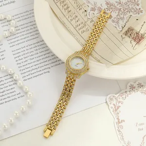 Elegant women's quartz bracelet watch with full rhinestone gold thin alloy strap