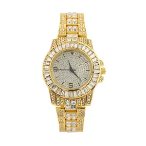 Macro view of a luxurious gold-toned women's quartz watch with full rhinestone embellishments