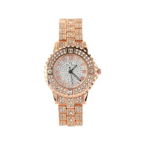 Detail view of a luxury rose gold women's watch with rhinestone encrusted bezel and band