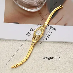 Detail view of vintage gold women's bracelet watch with dimensions and 30g weight
