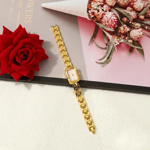 Elegant gold square quartz watch for women with stylish chain strap and minimalist dial