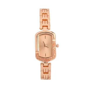 Elegant rose gold rectangular quartz watch for women with minimalist dial and metal band
