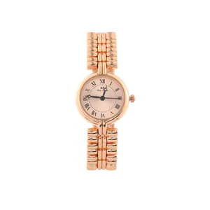 Elegant rose gold round quartz watch with vintage metal link bracelet for women.