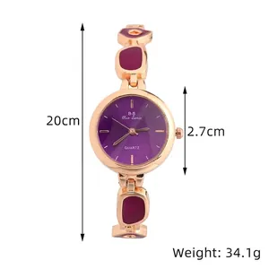Close-up detail of purple ladies' bracelet watch showing 20cm length and 2.7cm dial size