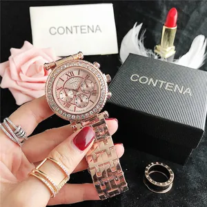 Luxe Contena Quartz Horloge voor Dames Strass Bezel Sterrenhemel Wijzerplaat Legering Ketting Band Mode Polshorloge voor Dames