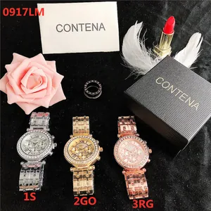 Luxe dames kwartshorloge met strass bezel in de kleuren zilver, goud en roségoud