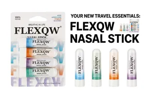 FLEXQW nasal stick inhaler set featuring four natural flavors for travel essentials.