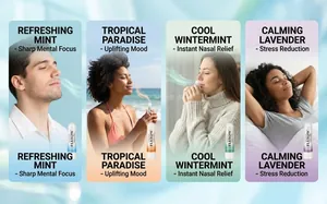 Detailed view of four aromatic nasal inhalers for focus, mood, relief, and relaxation
