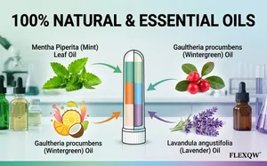 Detailed graphic showing 100% natural essential oils ingredients for a nasal inhaler stick.