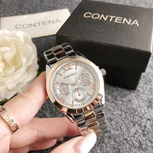 Detail of CONTENA business watch with three sub-dials and rose gold accents