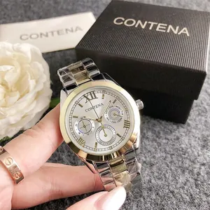 Detailed view of luxury Contena quartz watch with three sub-dials and two-tone metal wrist strap.