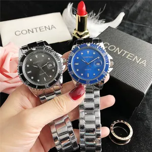 Detailopname van CONTENA koppelhorloges met zwarte en blauwe wijzerplaten.