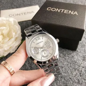 Close-up of a silver Contena business quartz watch with three dials and metal strap