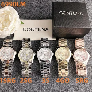 Multiple color variations of classic metal link quartz watches with three-eye dials.