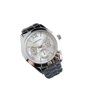 Classic silver and black men's business quartz watch with three functional sub-dials