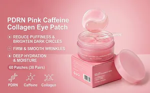 Detailed close-up of PDRN pink caffeine collagen eye patches with jar and packaging box