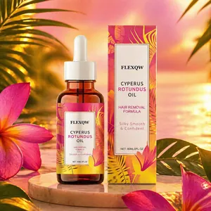 Detail shot of Cyperus Rotundus hair removal oil bottle with tropical floral background