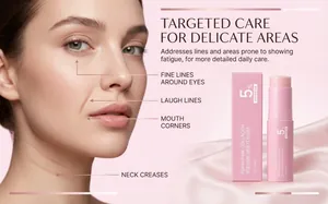 Collagen volume multi balm stick targeting fine lines around eyes, lips, and neck.
