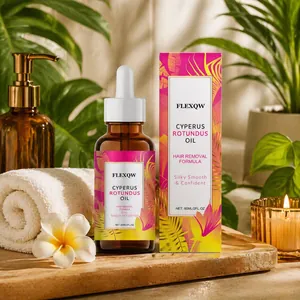 Cyperus Rotundus oil hair removal formula bottle presented in a tropical spa setting