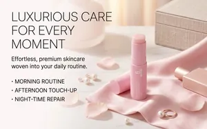 Close-up of pink collagen multi-balm stick on elegant pink silk with rose petals