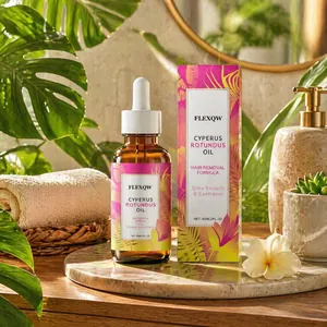 Detail view of Flexqw Cyperus Rotundus hair removal oil in tropical setting