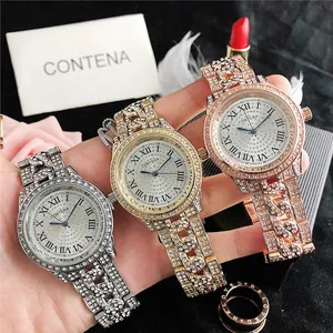 Detailoverzicht van luxe horloges met strassteentjes in zilver, goud en roségoud.