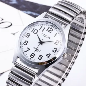 Classic silver quartz watch with expandable steel band and easy-to-read white dial.