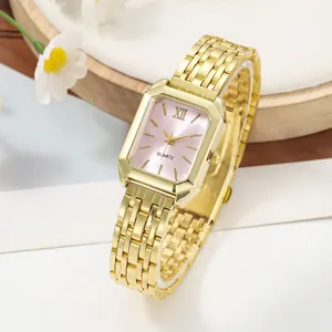 Elegant rectangular gold watch with pink dial and stainless steel link band detail
