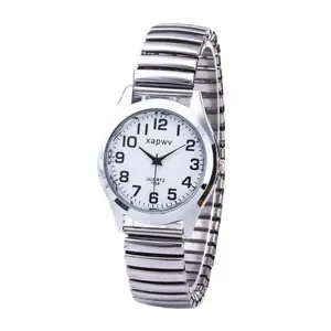 Classic silver quartz wristwatch with flexible stretch steel band and white Arabic numeral dial