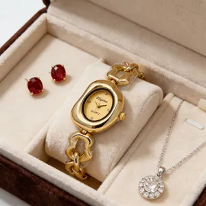 Gros plan d'une montre à quartz dorée avec boucles d'oreilles rouges et collier